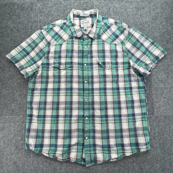 Lucky Brand Western Pearl Snap Button Shirt Mens XL Green Plaid Linen Blend - Picture 1 of 9